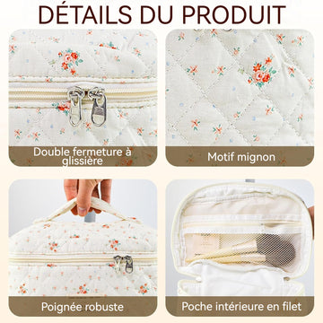 Trousse de toilette 3 pcs de Voyage Pour Femmes Volume élevé Petits motifs fleuris Matière coton À zip Trousse de Maquillage blanc